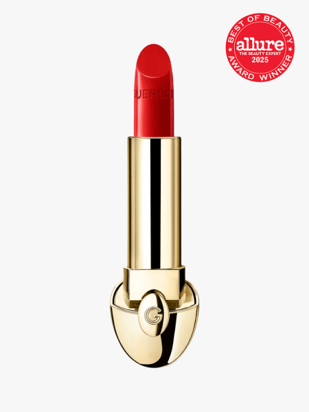 Guerlain Rouge G Satin Lipstick in branded component on a light gray background